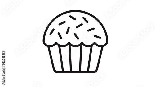 Minimalist black line vector icon of a delicious cupcake or muffin with sprinkles on top and a pleated paper liner. Simple graphic illustration symbol for bakery, dessert, sweet food, and snacks.