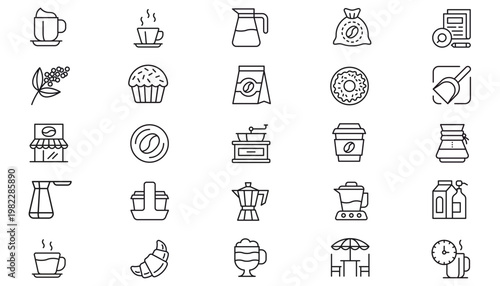 Vector Icon Set of 25 Black Line Art Symbols for Coffee Shops, Bakeries, and Cafes. Includes Espresso Makers, Cups, Beans, Pastries, Croissant, Donut, Kitchenware, and Storefront Illustrations.