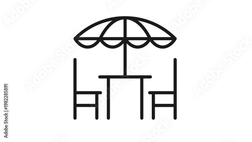 Minimalist black vector icon illustration of an outdoor cafe table with two chairs and a large sun umbrella, perfect for representing patio dining, restaurant terraces, or summer leisure.