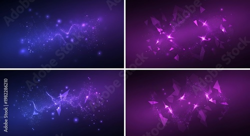 Four abstract purple & blue digital compositions with flowing particle effects