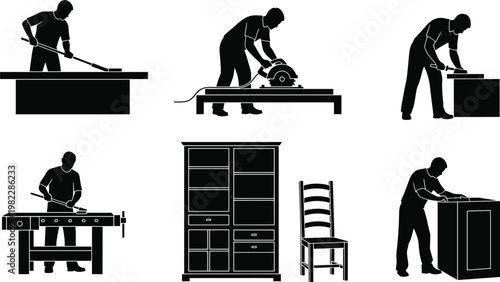 Professional carpenter woodworker silhouettes working with circular saw hand tools building wooden furniture cabinet chair on workbench isolated on white background vector