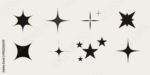 Set of blinking stars, sparks and sparkles. Shining twinkle sunburst shapes collection. Magic light flare pack for design template, poster, banner, brochure, leaflet. Vector glint glitter illustration