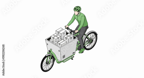 Isometric Cargo Bike Delivery Courier with Packages - Eco-Friendly Sustainable Urban Logistics Illustration on White Background