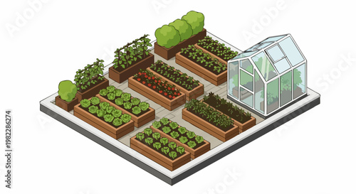 Modern Isometric Urban Vegetable Garden with Raised Wooden Beds and Glass Greenhouse on a Rooftop or Patio