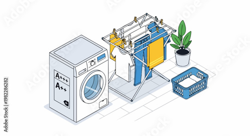 Isometric Laundry Room Illustration with Energy Efficient Washing Machine, Drying Rack, and Clothes