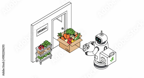 Autonomous Robot Delivering Fresh Organic Vegetables to Doorstep, Isometric Illustration of Smart Food Logistics and Automated Grocery Delivery