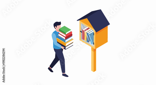 Isometric Illustration of a Man Bringing a Stack of Books to a Little Free Library for Community Sharing and Literacy