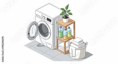 Isometric Modern Laundry Room Interior with Washing Machine, Wooden Shelf, Detergent Bottles and Wicker Basket with Folded Towels