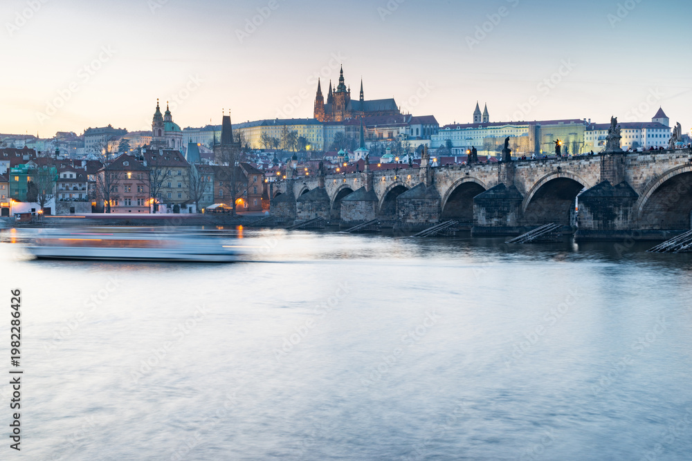 Fototapeta premium city of Prague castle in hradcany and the Vltava river with Charles bridge in Prague, Czech Republic.