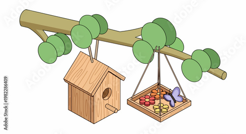Isometric Illustration of a Wooden Birdhouse and Hanging Tray Feeder with a Butterfly on a Leafy Tree Branch