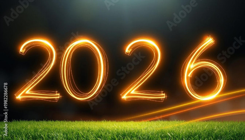 A bright and glowing 2026 sign on a grassy field at night