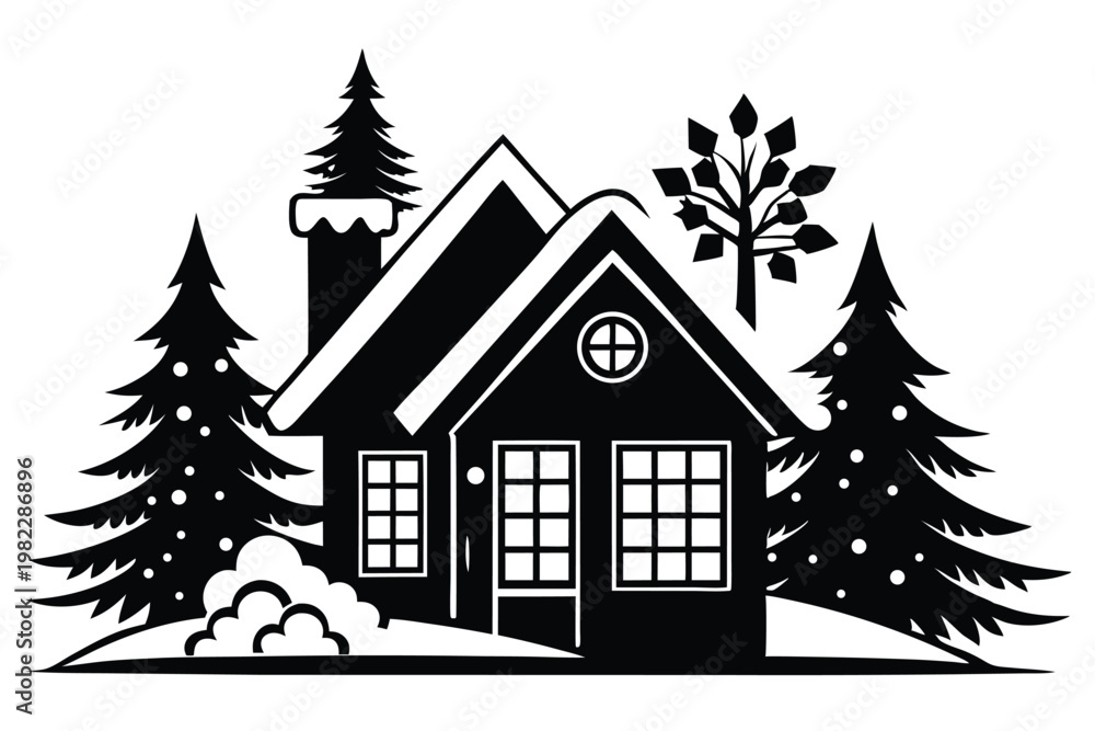 Fototapeta premium a cozy house with winter wonderland silhouette line art vector illustration with a white background