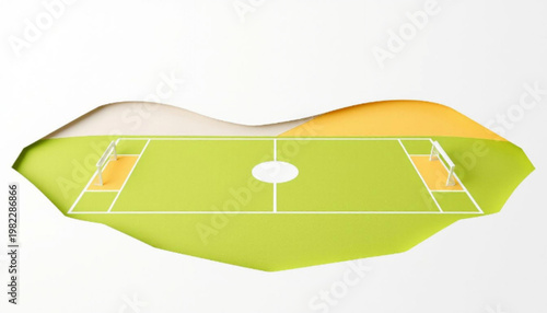 An aerial view of a green sports field with white lines and goals on either side, set against a wavy landscape