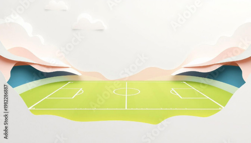 A vibrant illustration of a soccer field nestled in a mountainous landscape under a cloudy sky