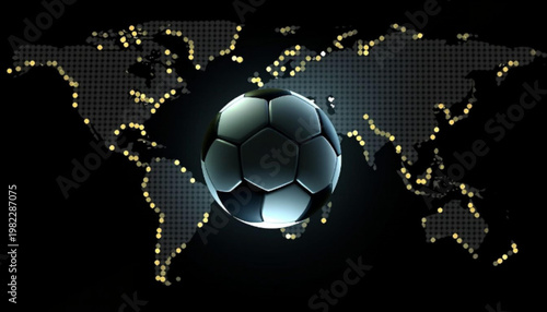 A soccer ball glows brightly in front of a world map at night with yellow city lights