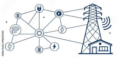 Smart home connectivity and power distribution network illustration with electric grid transmission and signal icons connection electricity transmission technology wireless