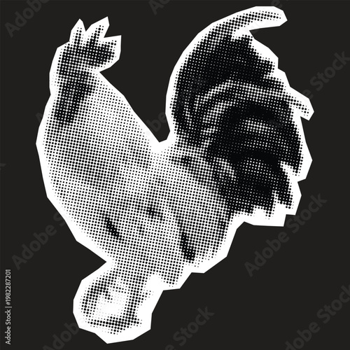 Minimalist Halftone Rooster Sticker, Black and White Dotted Cockerel Illustration with White Border on Dark Background