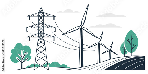Wind turbines and high voltage power lines in rural landscape with turbines electricity transmission renewable landscape sustainable infrastructure environment generation