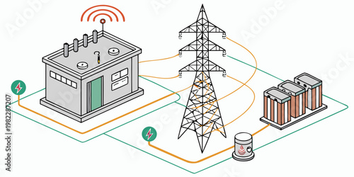 Isometric schematic of electrical energy grid with substation and transmission tower isomeric electricity substation transmission transformer electrical distribution