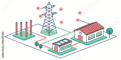 Industrial power grid infrastructure concept with substation buildings transmission towers and monitoring points infrastructure industry transmission electricity building