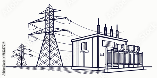 Industrial electrical substation with high voltage power transmission towers and transformers substation electricity transformer transmission electrical infrastructure