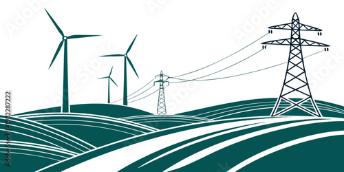 Abstract renewable energy landscape with wind turbines and high voltage transmission lines on green rolling hills landscape transmission electricity infrastructure sustainable