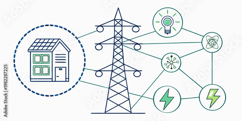 Energy distribution network infographic featuring residential house connected to power grid icons and symbols electricity infographic distribution transmission technology