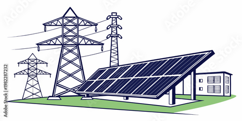 Solar power energy field with high voltage electricity transmission towers and station electricity transmission renewable sustainable infrastructure industry generation