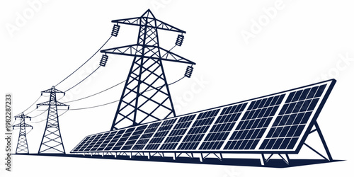 Solar panels for renewable energy next to high voltage electric power transmission pylons with electricity transmission renewable infrastructure generation sustainable