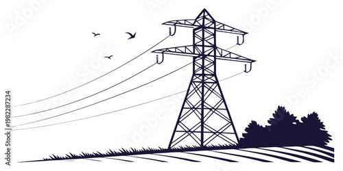 Electricity pylon in a rural landscape with flying birds electricity transmission electrical infrastructure silhouette landscape industrial engineering structure
