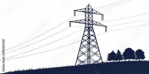 High voltage power transmission tower in a grassy field with electricity transmission infrastructure electrical silhouette environment industrial engineering structure
