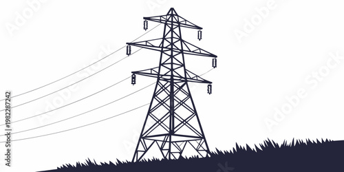 Graphic silhouette of a tall high voltage power pylon standing on a field of grass against clean white background with electricity transmission infrastructure electric isolated