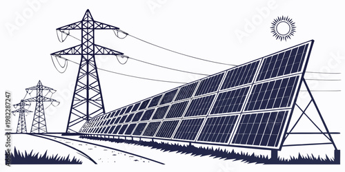 Solar energy panel array with transmission towers under bright sun for renewable power electricity transmission renewable sustainable infrastructure generation electric