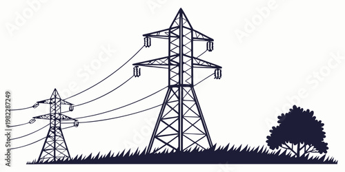 Two high voltage electricity transmission towers in a rural landscape with electricity transmission infrastructure electrical industrial landscape silhouette environment