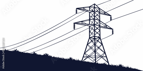 Silhouette illustration of a high voltage electrical transmission tower situated on a grassy hill landscape against white background with electricity transmission infrastructure