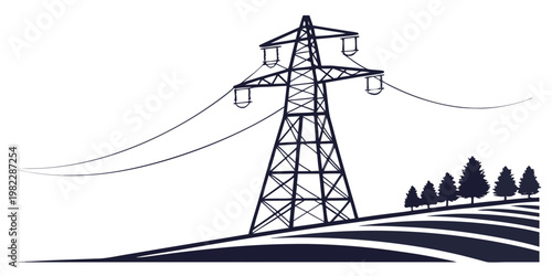 Single high voltage power pylon in a field with trees electricity transmission infrastructure electrical landscape silhouette environment industrial engineering structure