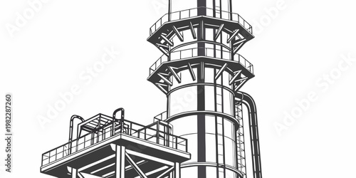 Industrial factory chimney and metal pipeline structure sketch with industrial structure manufacturing engineering refinery chemical infrastructure construction technology