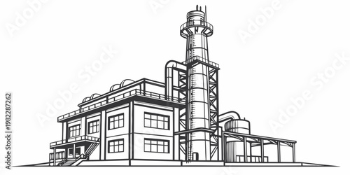 Detailed line art drawing of a modern industrial plant factory with tall chimney tower industrial manufacturing industry building production infrastructure facility