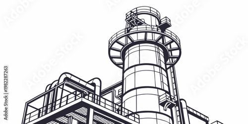 Industrial chemical plant tower with platforms and pipes sketch industrial chemical pipeline structure refinery engineering manufacturing infrastructure construction