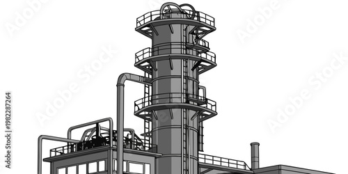 Vector style illustration of a large industrial processing facility with tall refinery tower and piping refinery industrial manufacturing industry engineering infrastructure