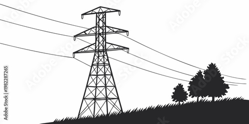 Outline graphic of a high voltage power transmission tower near small trees on a hill with electricity transmission infrastructure electric industrial engineering structure