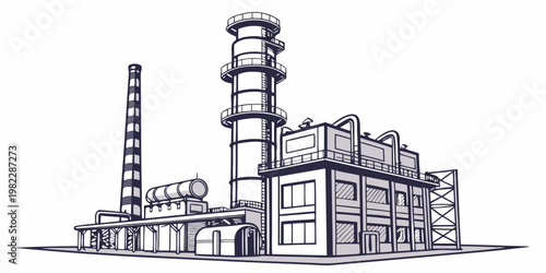 Industrial manufacturing facility plant with chimneys and buildings industrial manufacturing building infrastructure refinery engineering production illustration isolated