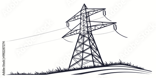 High voltage electrical transmission tower on landscape sketch with electrical transmission electricity landscape infrastructure illustration monochrome isolated technology