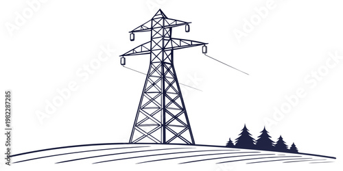 Electric power pylon in a forest landscape with electricity transmission landscape infrastructure electrical distribution engineering industrial structures illustration