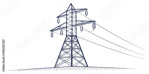 High voltage power line pylon standing in rural fields with electricity transmission infrastructure electrical distribution engineering industrial structures illustration