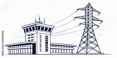 Electrical substation and high voltage power transmission tower with substation electricity transmission infrastructure industrial electrical building facility engineering