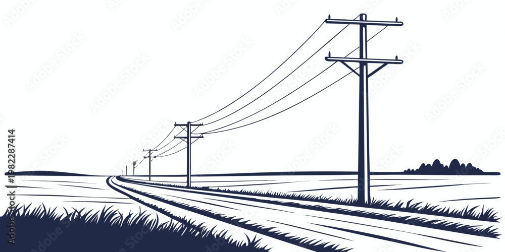 Naklejka premium Minimalist graphic of power transmission lines over open agricultural field with landscape electricity transmission agriculture infrastructure illustration stylized