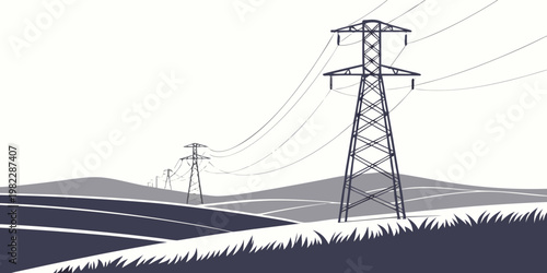 Electricity transmission pylon in a rural field landscape with rolling hills under a bright sky in a monochrome line art graphic illustration electricity transmission landscape
