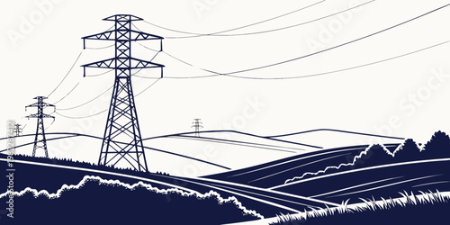 High voltage electrical grid towers in hilly countryside graphic illustration with electricity transmission landscape countryside infrastructure illustration electric