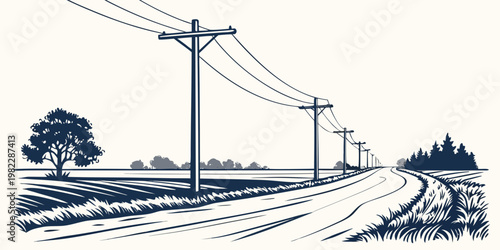 Stylized vector illustration of rural road through farmland with utility poles countryside landscape electricity agriculture infrastructure illustration stylized minimalist
